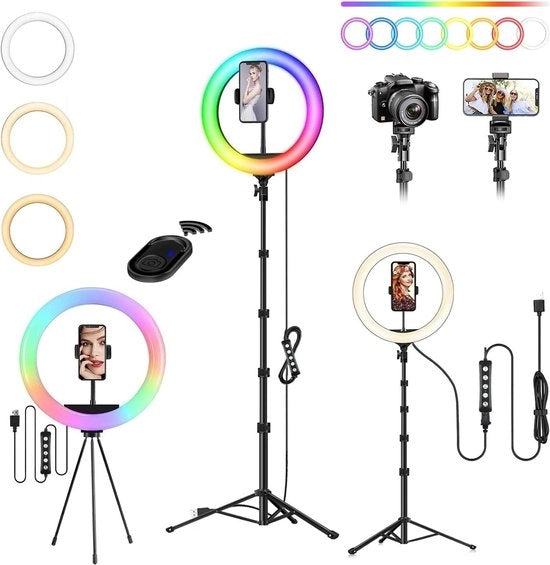 Lampada da ring per smartphone 10 pollici con treppiede - 3 modalità di luce naturale + 47 modi RGB - luce LED da selfie per ring - altezza di 160 cm - regolabile - YouTube, selfie, make-up, Tik Tok