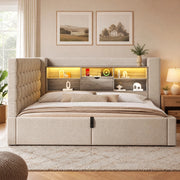 DESMIU Letto Singolo 90 × 200 cm con vano contenitore, LED, USB e Type-C, senza materasso, in lino, beige