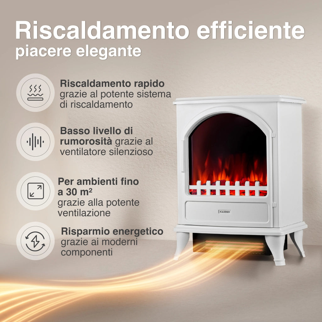KAMINIO Camino elettrico LENI - Stufa elettrica con riscaldamento, effetto fiamma 3D - Bianco