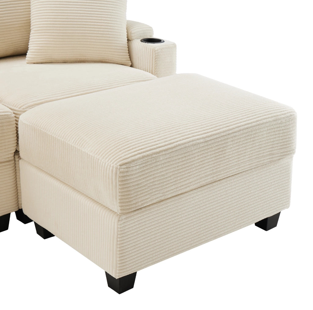 Divano angolare 213.5x139x87 cm con USB; portabicchieri; ripiano bracciolo e 2 cuscini in corduroy beige