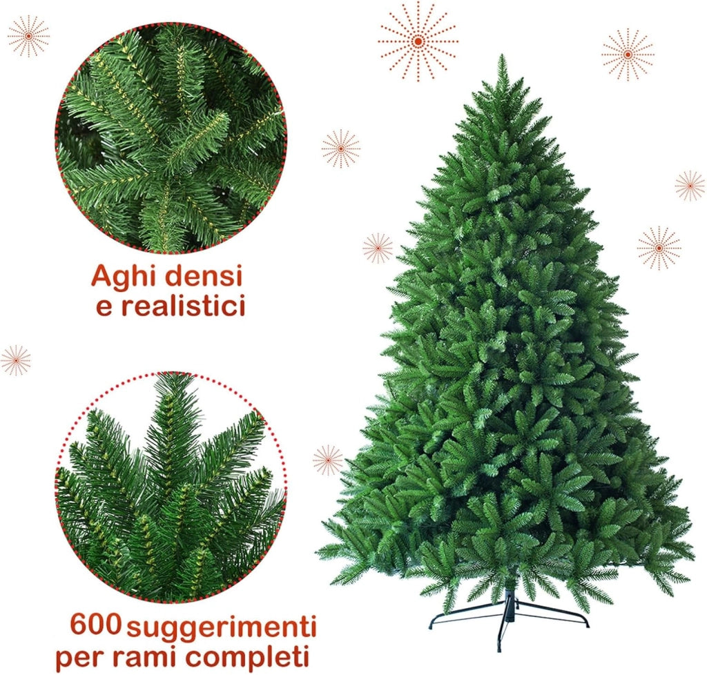 Albero di Natale Artificiale 150/180/225 cm, Albero di Natale con 600/1250/1968 Rami e Supporto in Metallo, Albero di Natale Realistico per Casa, Ufficio e Negozio (150 CM)