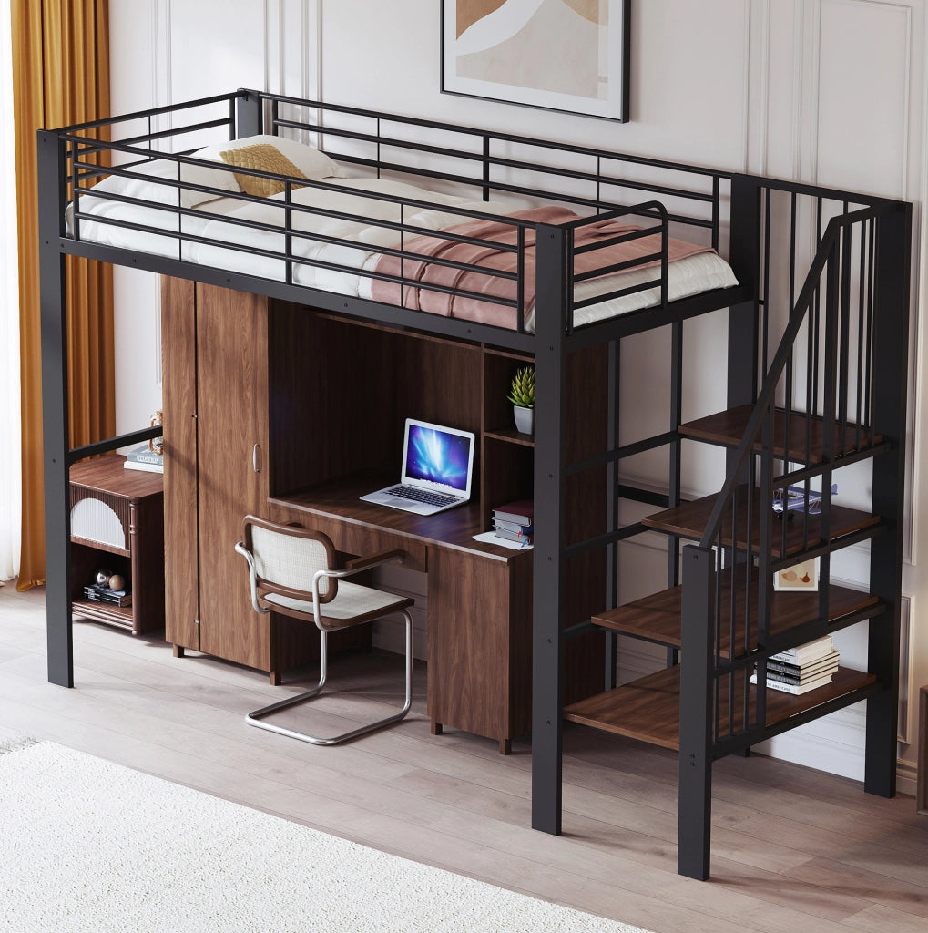 Letto a soppalco 90 x 200 cm in metallo nero con scala