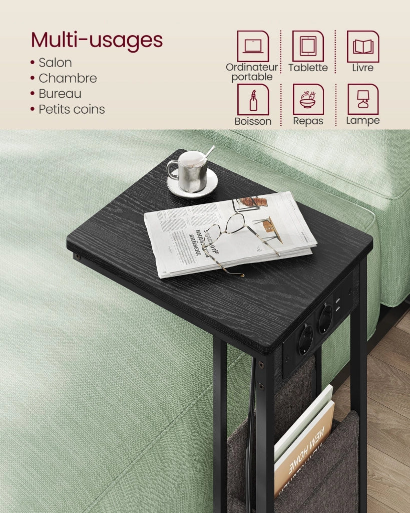 Tavolino laterale/comodino con multipresa/tavolino a forma di C per piccoli spazi 2 porte USB e prese piedini regolabili per camera da letto/soggiorno finitura in legno nero 12_0007571