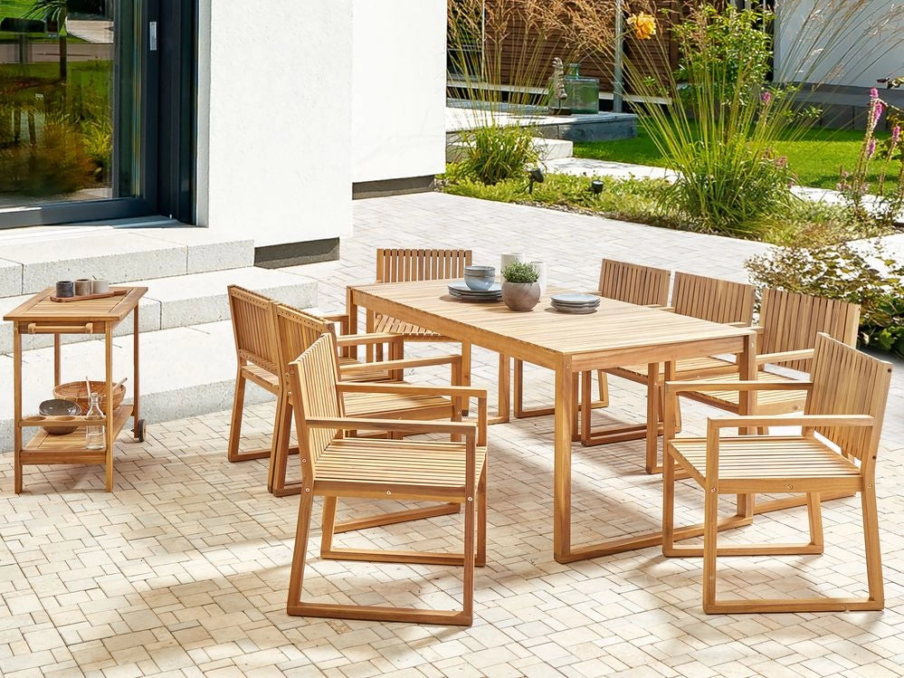 Set da pranzo rustico da 8 posti in legno d'acacia certificato tavolo e sedie con carrello resistente agli agenti atmosferici