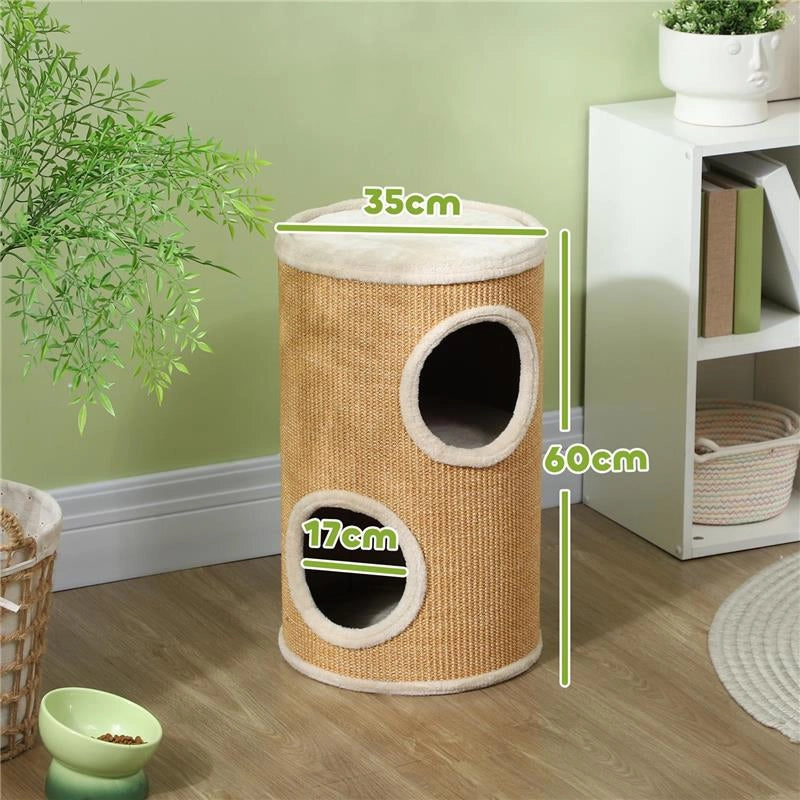 TORRE TIRAGRAFFI PER GATTI A 2 LIVELLI IN SISAL CON CASETTE IN PELUCHE PER 1-2 GATTI, MARRONE