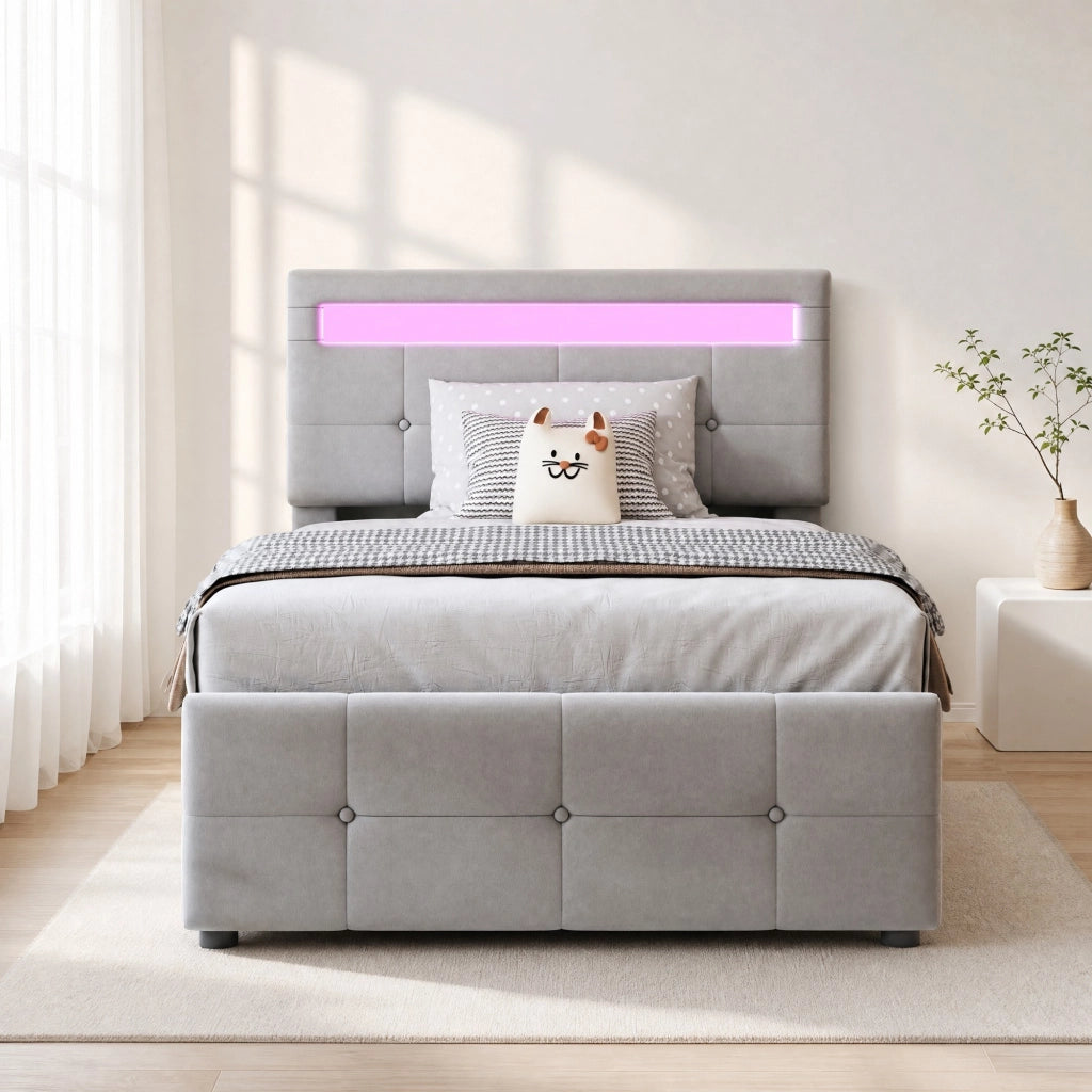 Letto imbottito per bambini 90x200 cm con LED e contenitore