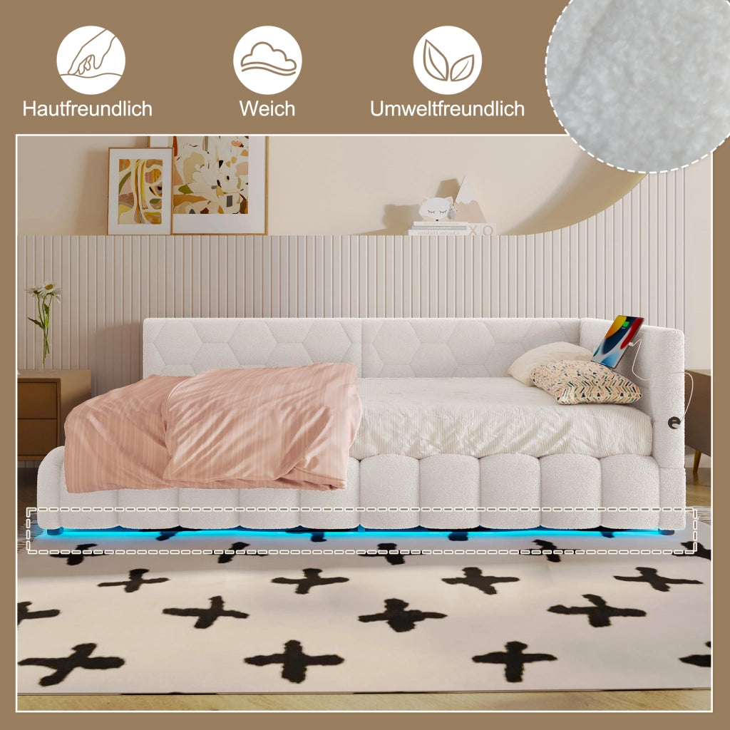 Letto giorno con funzione divano a rete elettrica in velluto bianco 90x200 cm