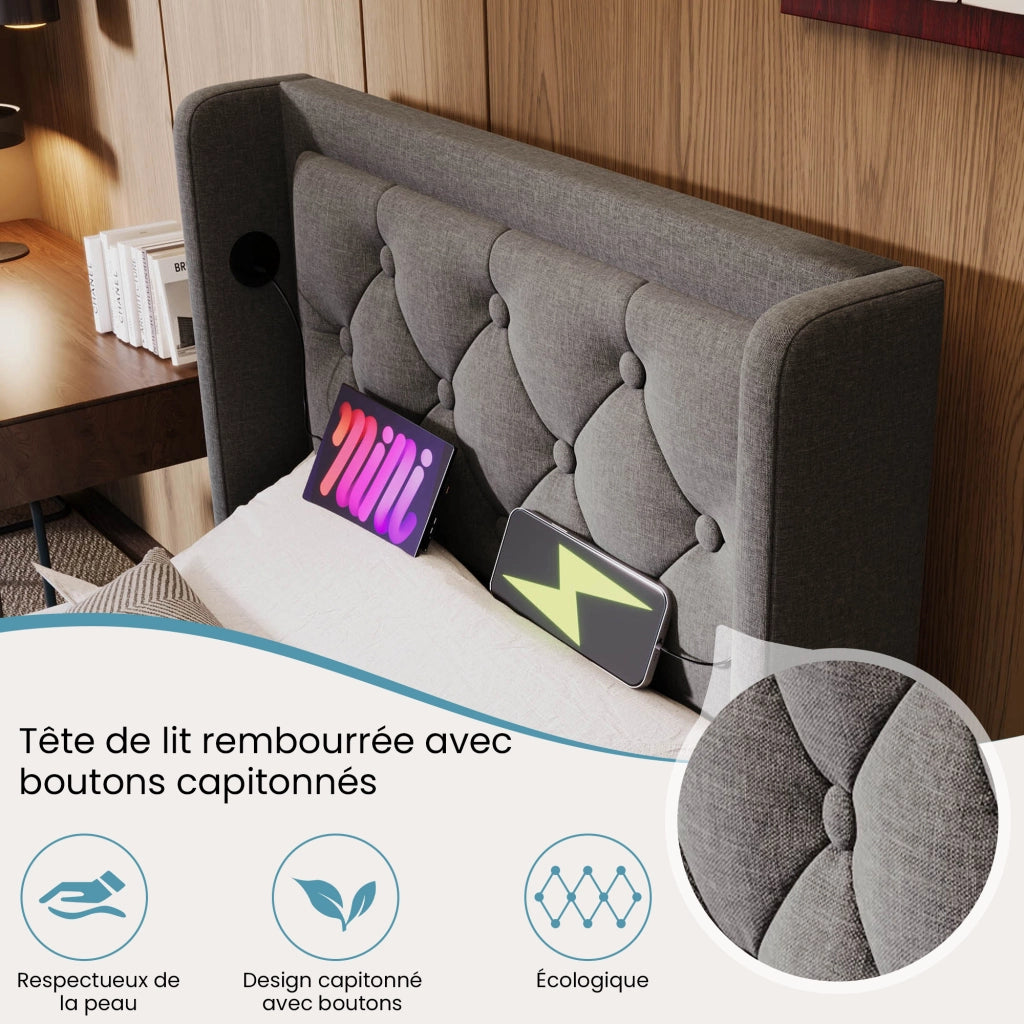 Letto Contenitore 140×200 cm; Letto Matrimoniale con USB; LED Regolabile e Mensola; senza Materasso