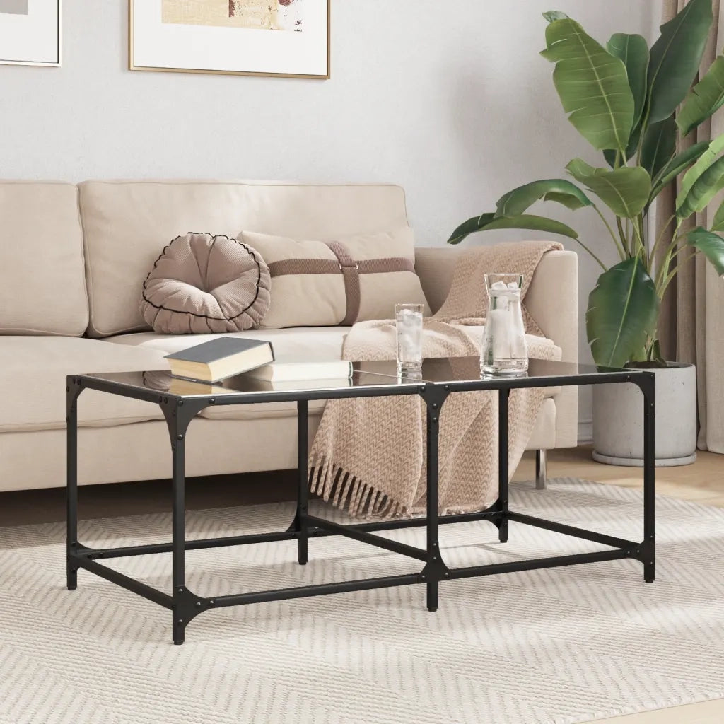 Tavolino con Piano in Vetro-Tavolino da soggiorno-Tavolo Nero 98,5x50x40 cm Acciaio 255032