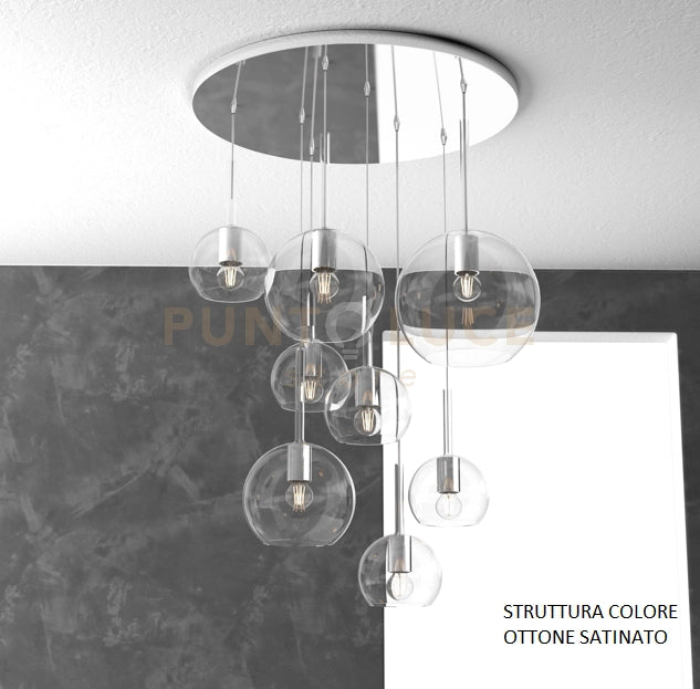 SOSP. OTTONE SAT. TONDA 8 LUCI VETRI (1 GRANDE+2 MEDIO +5 PICCOLO) TUTTI TRASPARENTI 1155OS-S8 TMIX-TR