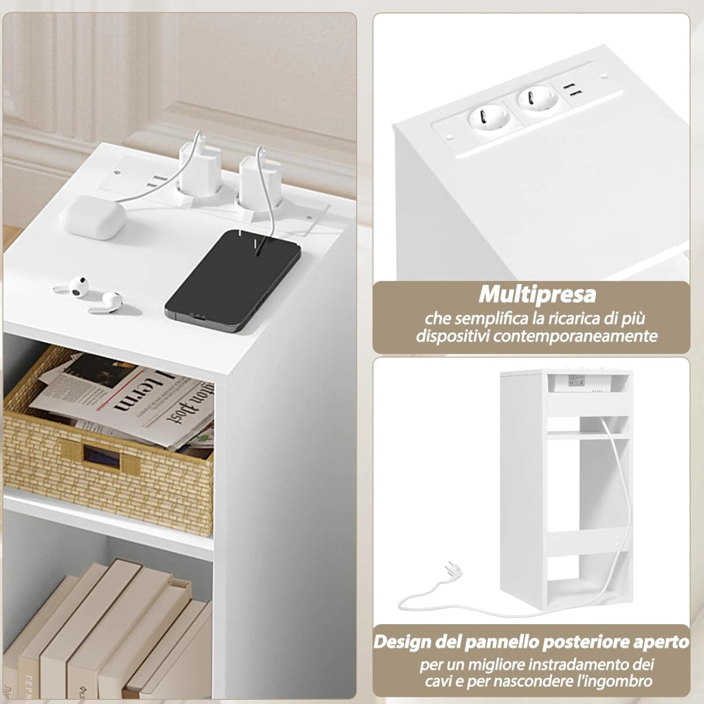 2 pezzi Comodino con Prese e Porte USB, Comodino per Camera da Letto Stretto, Comodino Salvaspazio con 2 Scomparti Aperti, per Soggiorno, Cameretta, in Legno, 25x30x60cm, NTS06ws
