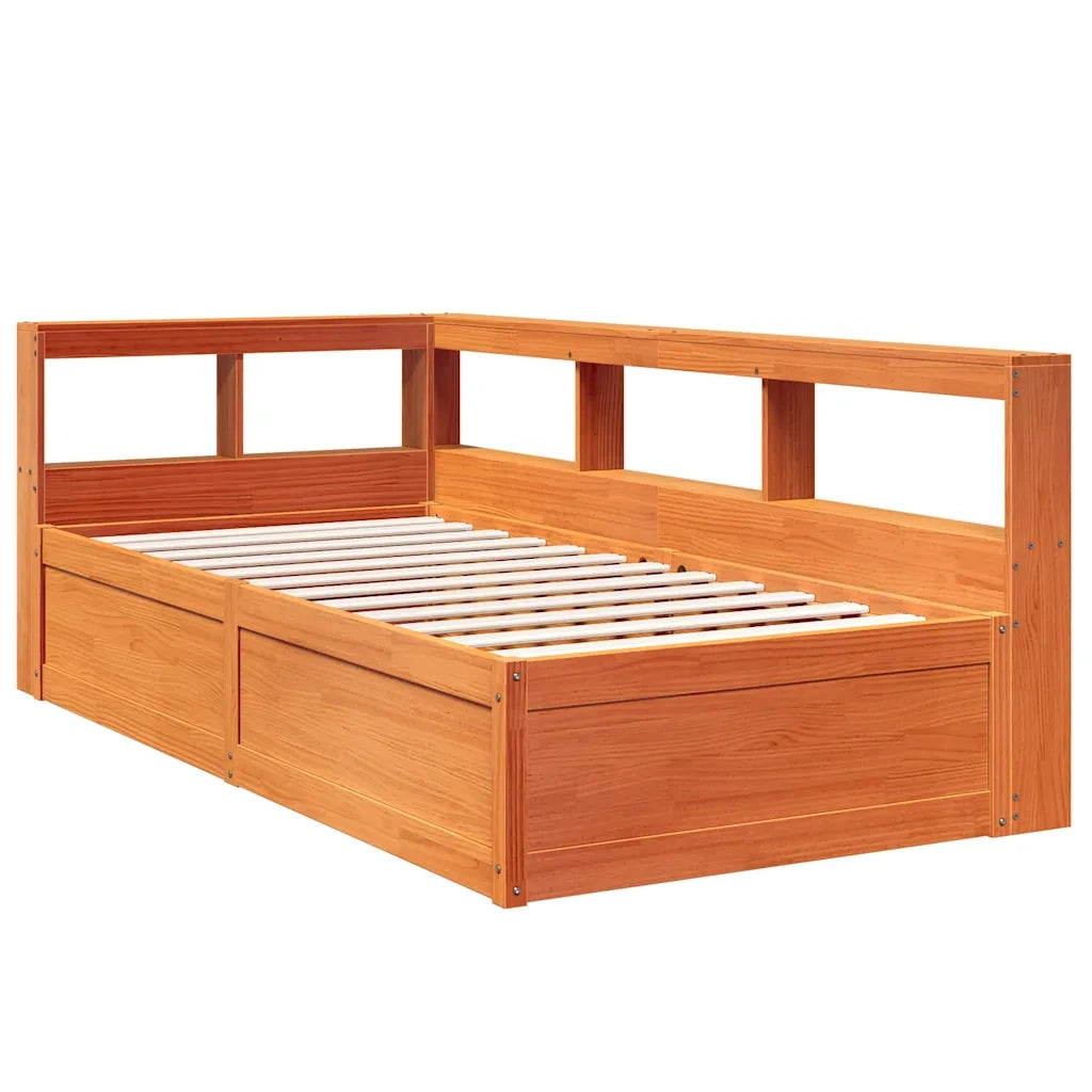 Letto Libreria senza Materasso-Struttura Letto con contenitore Marrone Cera 90x200 cm in Pino 584375