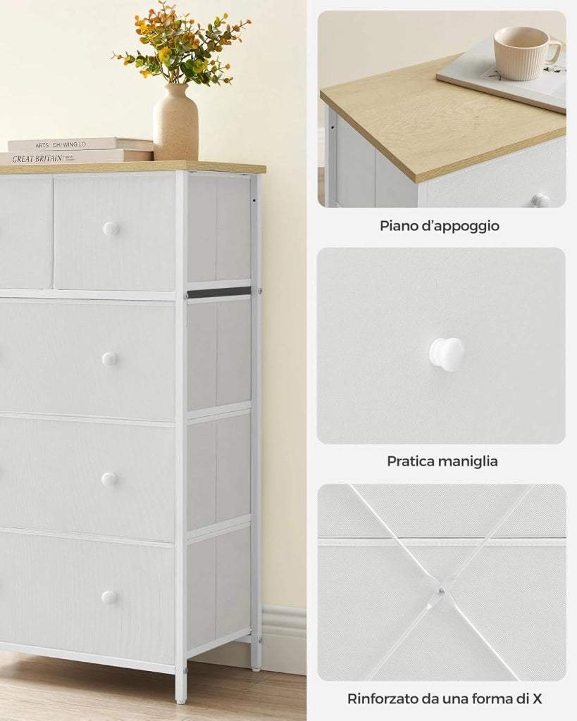 SONGMICS Cassettiera, Mobiletto con 5 Cassetti in Tessuto, Piano e Fronte in Truciolato, Credenza, Camera da Letto Soggiorno Ingresso Cameretta, Bianco e Rovere LTS514W57