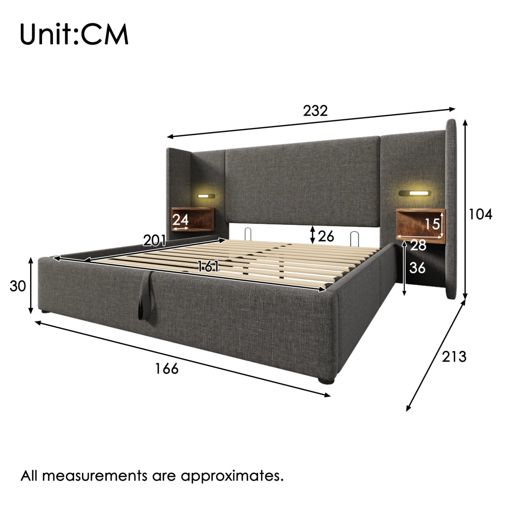 Letto Contenitore 160×200 cm; Letto Matrimoniale con Mensola; Lampada da Lettura; USB e Tipo C; senza Materasso; Grigio