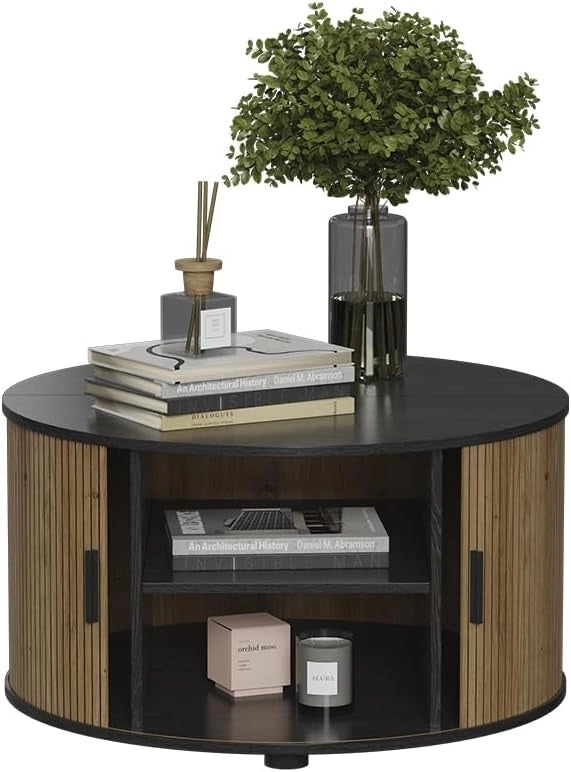 tavolino soggiorno Selva, Quercia/nero, 80 x 80 cm con porta scorrevole, con funzione lift e piano del tavolo regolabile in altezza