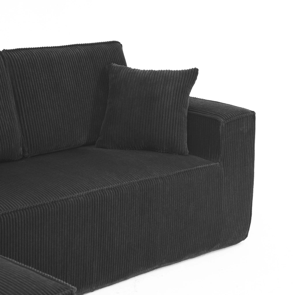Divano angolare modulare a L in tessuto corduroy nero; 235x128x60 cm; con 2 cuscini