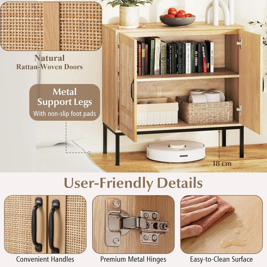Credenza Cucina con 2 Ante in Rattan, Ripiano Regolabile in 3 Posizioni, Gambe in Metallo, Kit Antiribaltamento, Mobile Cucina Dispensa, Mobiletto per Soggiorno, Sala da Pranzo (Naturale)