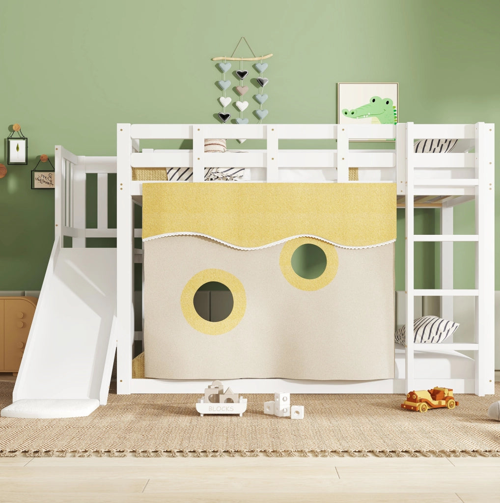 Letto a castello bianco 90x200 cm con scivolo e tende