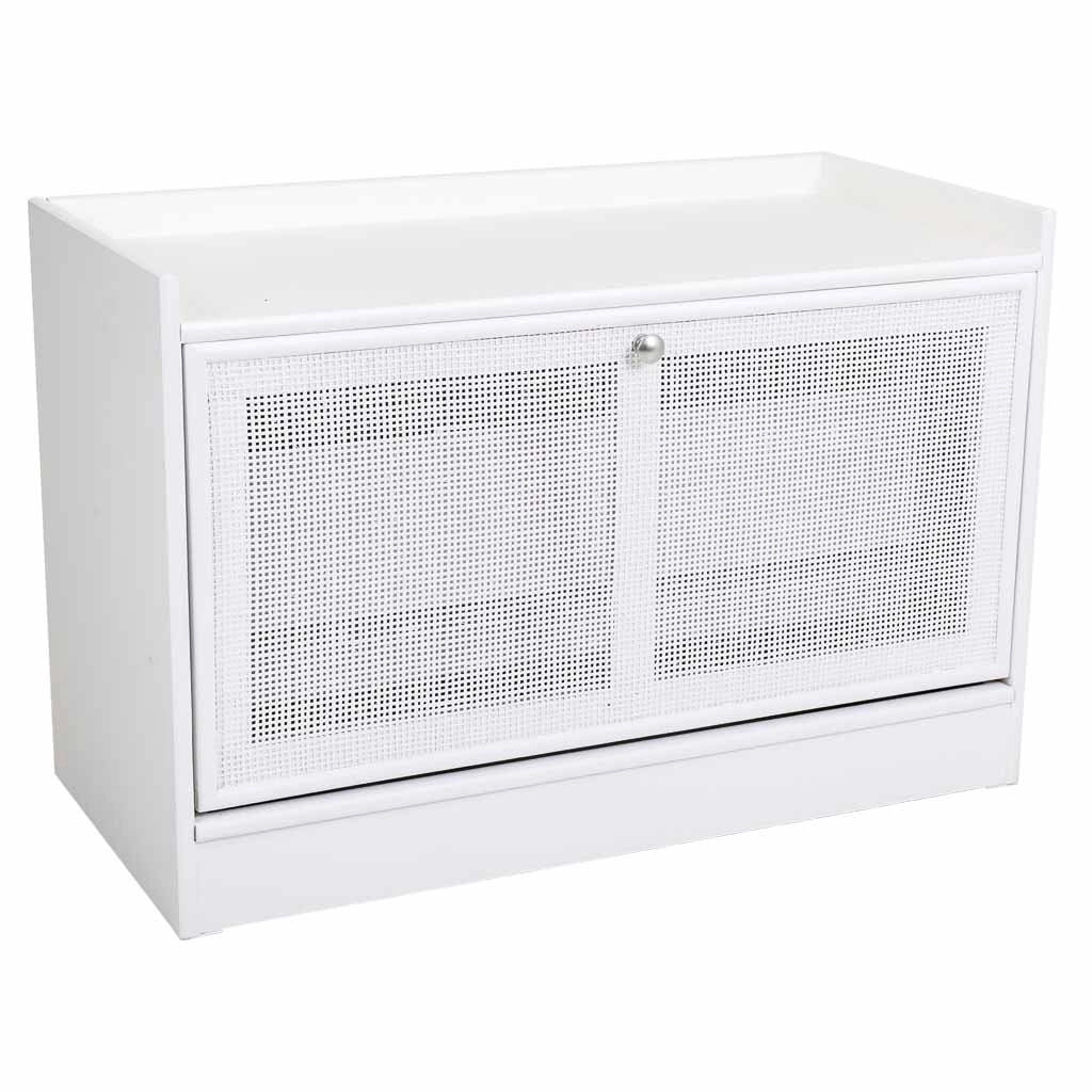 Sgabello per scarpe realizzata in legno e rete bianca 80x38x53h