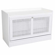 Sgabello per scarpe realizzata in legno e rete bianca 80x38x53h