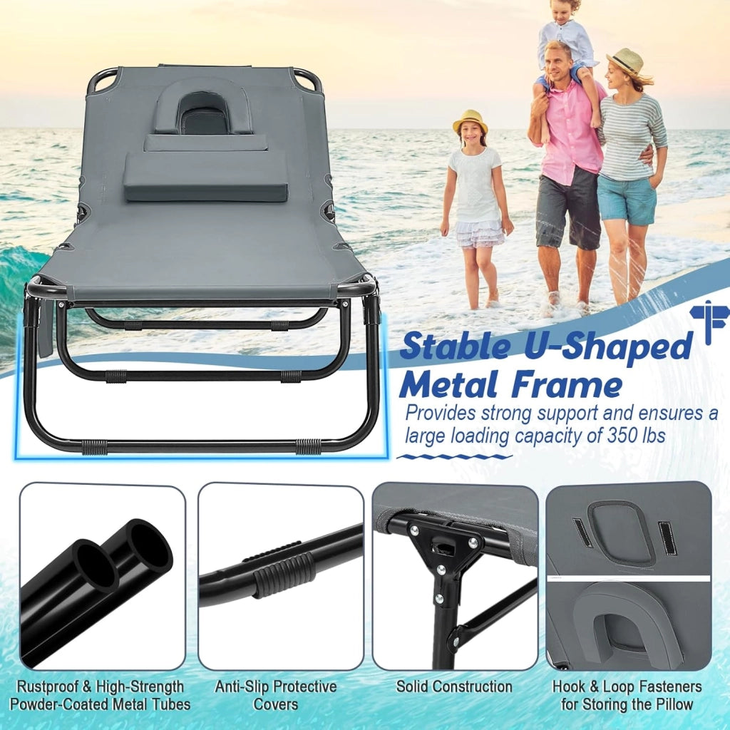 Lettino pieghevole per abbronzatura, con foro per il viso e cuscino estraibile, schienale e poggiapiedi regolabili, poltrona portatile per piscina e spiaggia (grigio)