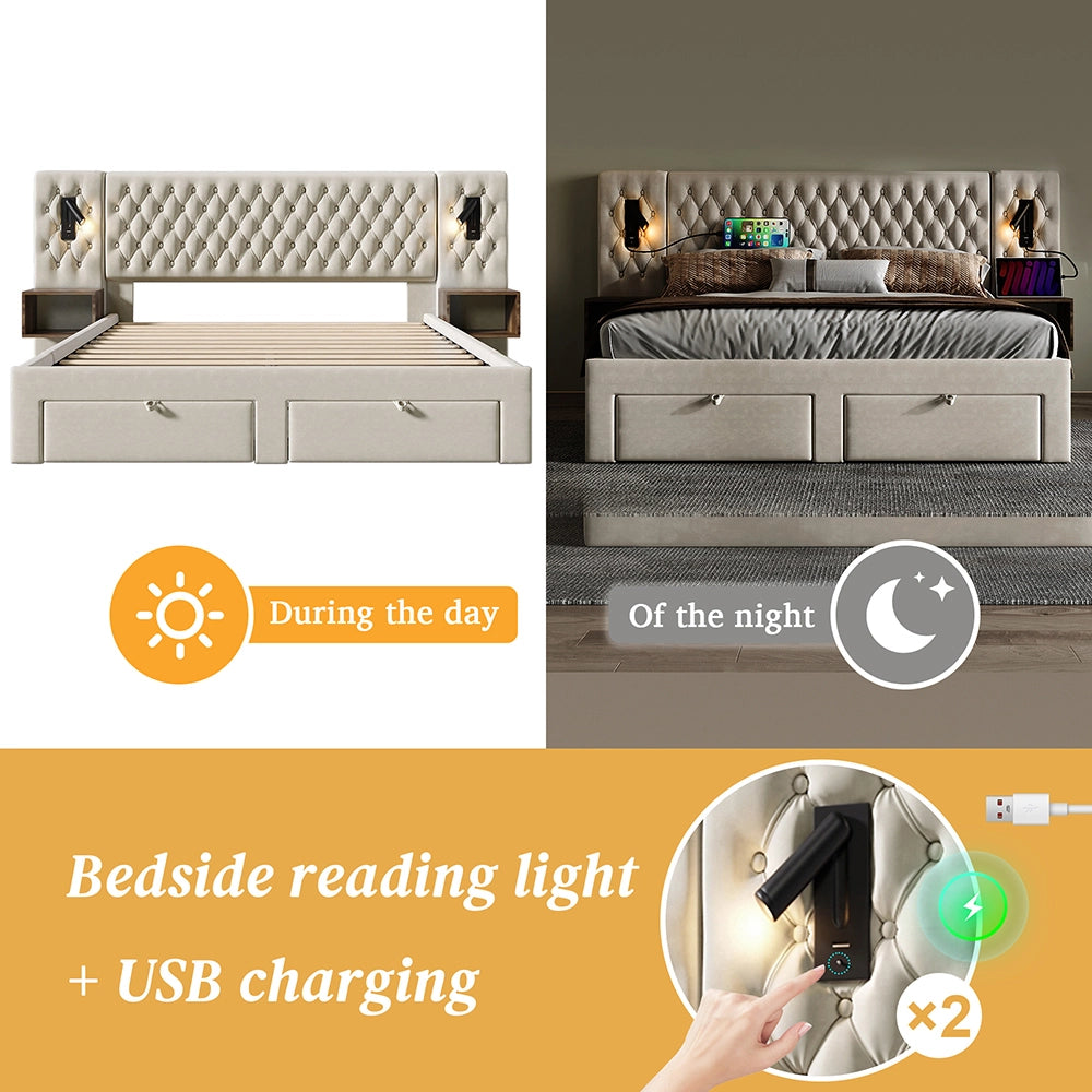 Letto con contenitore - Xylo - 160x200 cm - Beige - 2 comodini, 4 cassetti, USB