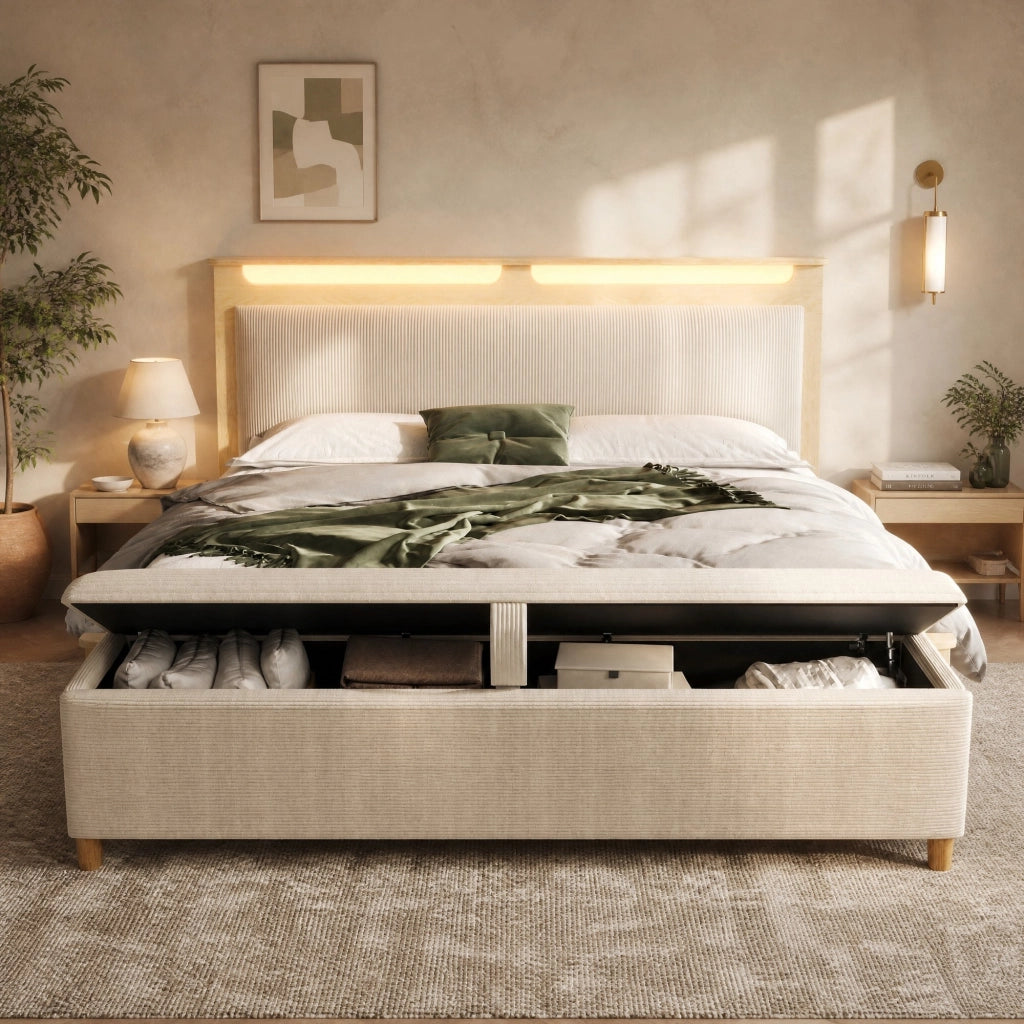 LETTO 160x200 cm in legno e corduroy beige con LED e panca contenitore