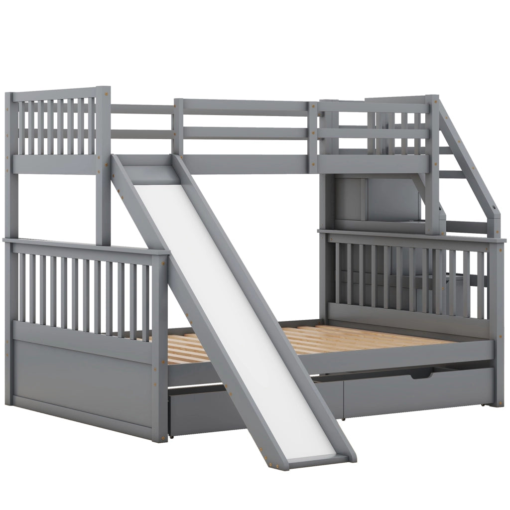 OKWISH Letto a Castello 90×200 cm e 140×200 cm, Letto 3 Posti con Contenitore, Cassetti e Scivolo, senza Materasso, Grigio