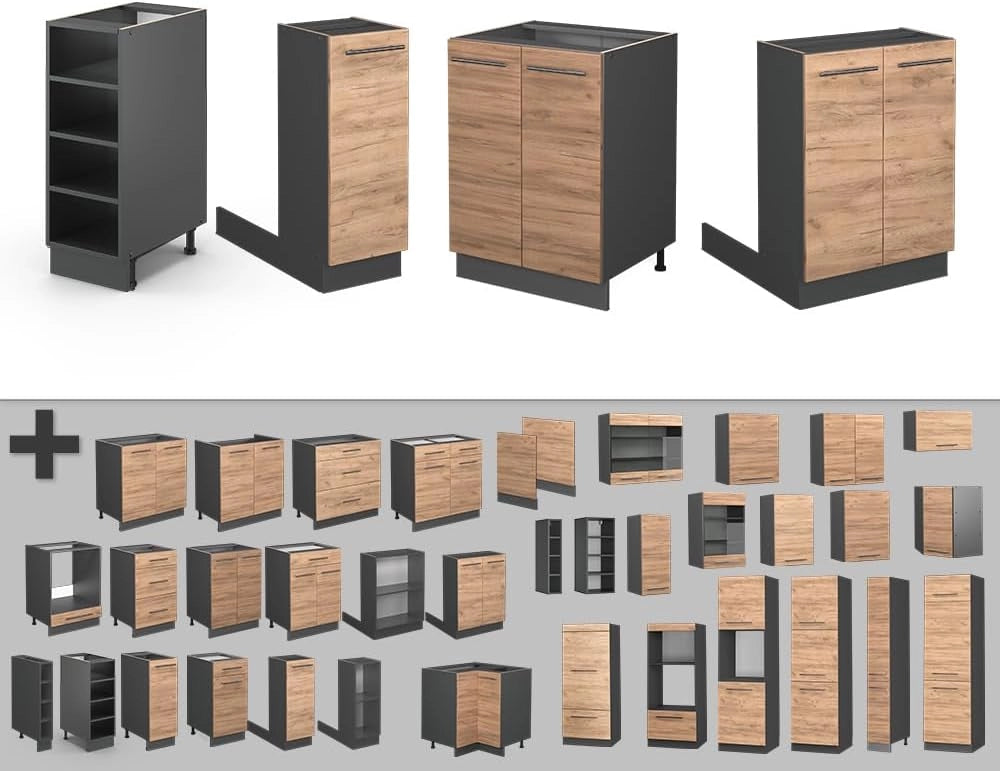 Isola cucina Fame-Line, Quercia dorata/antracite, 90 cm senza piano di lavoro, adatto per l'espansione con moduli aggiuntivi compatibili