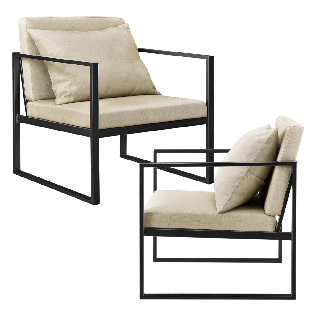 Set di 2 Poltrone con Telaio in Ferro Schienale Sedile e Cuscino Imbottiti - Beige [en.casa]