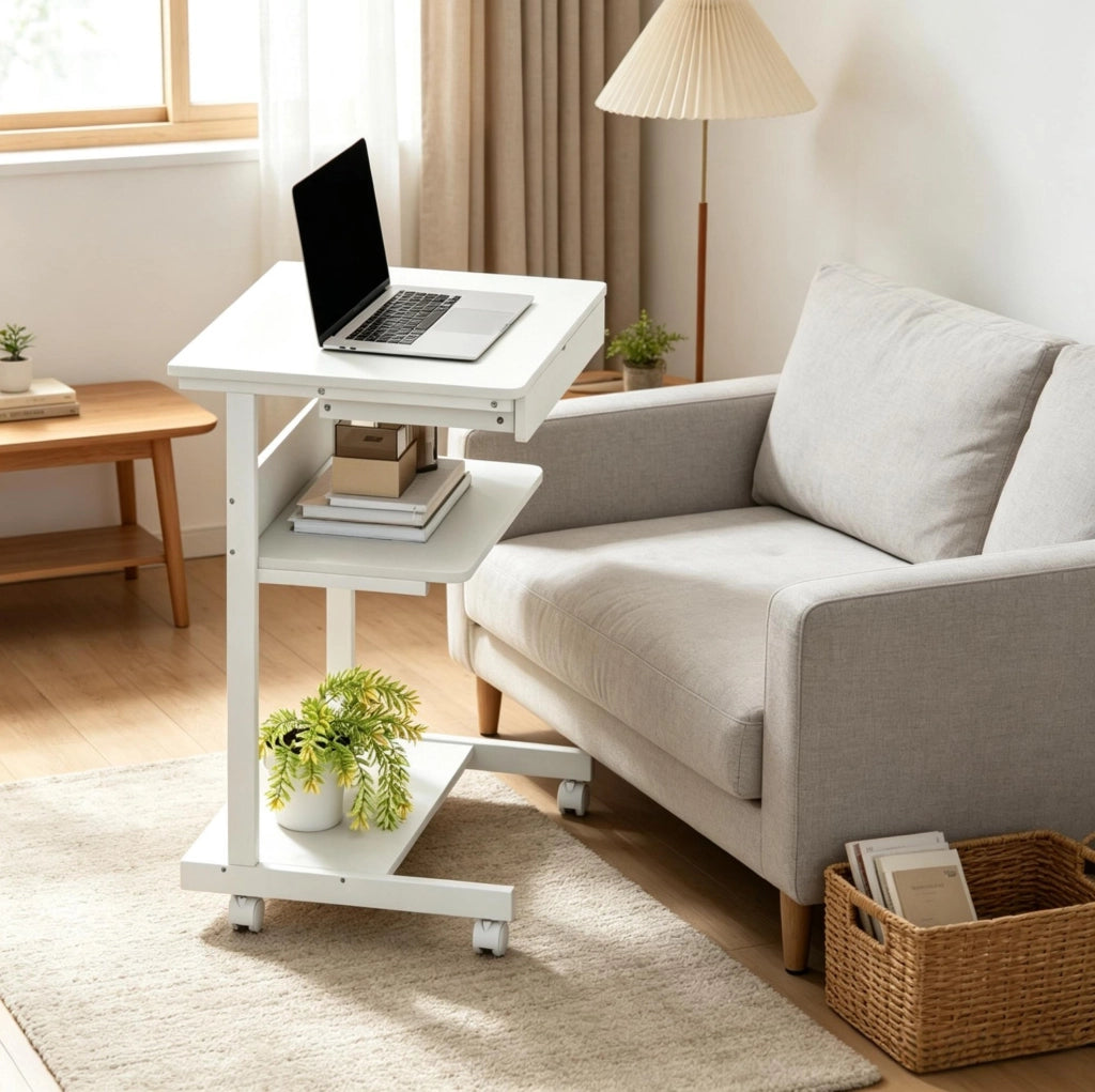 Scrivania ULEVR 56x51x79 cm con ruote, cassetto, ripiano e supporto CPU, bianca