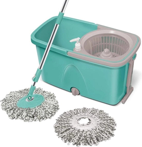 Spazzola a rotazione classica con ruote, manubrio retrattile, dispensatore liquido, set di strizzatore, 360° di rotazione, sistema di pulizia e spazzolatura, 2 soffiature microfibra, acquagreen.