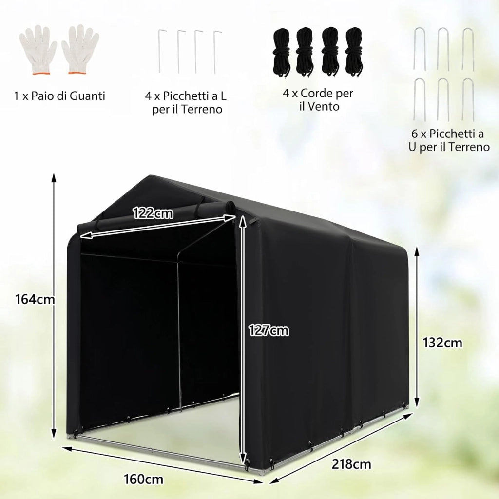 Capanno di Stoccaggio per Esterni, Garage Portatile per Biciclette, Motociclette, Attrezzi da Giardino, Carport per Bici con Porta a Rullo e Cerniera, 160 x 218 x 164 cm (Grigio Scuro)