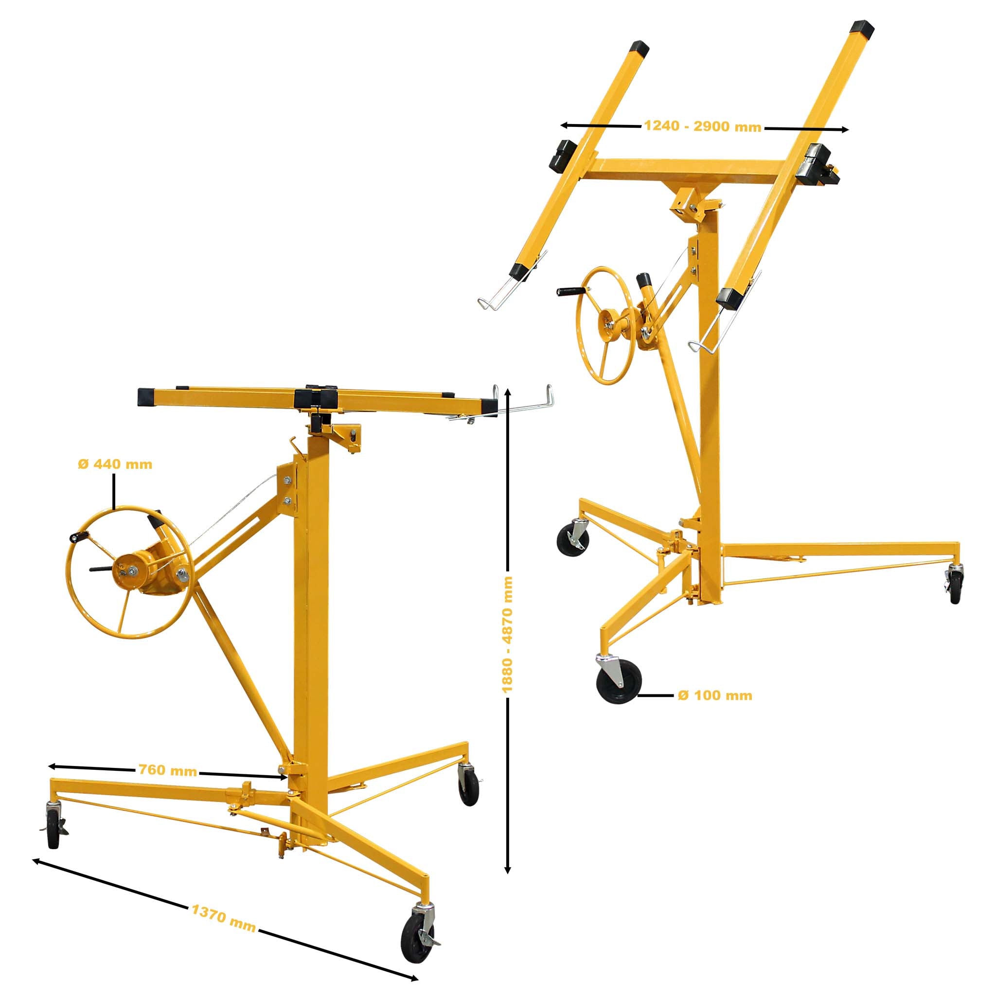 Sollevatore pannelli cartongesso max 68kg, altezza 188-487cm, Carrello Alzapannelli Alzalastre