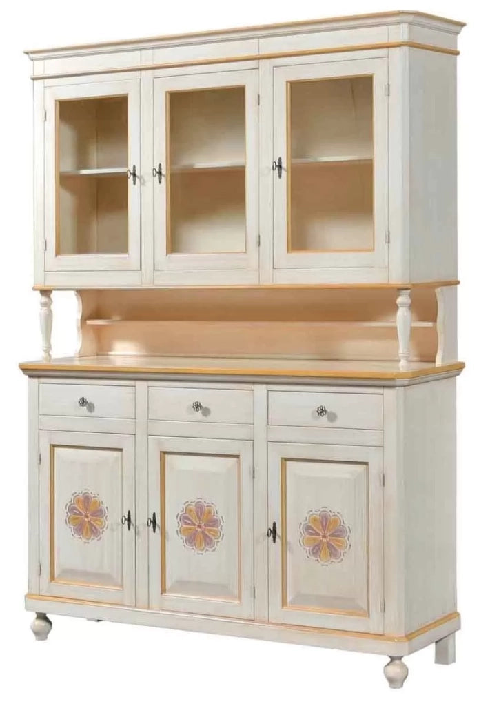 Cristalliera 3 ante legno massello avorio pennellato decori 150x43x208 (1079) - Mobili 2G