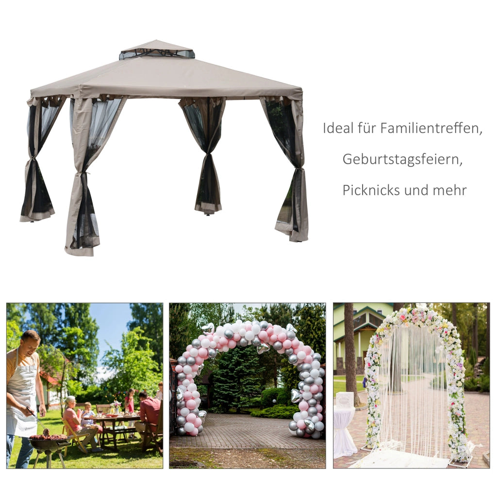 Gazebo Da Giardino Con 4 Pareti Laterali 294 X 294 X 265 Cm Poliestere Grigio Per Feste Outdoor Con Doppio Tetto