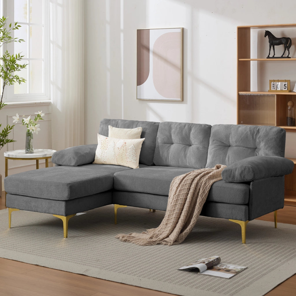 Divano angolare reversibile a 3 posti con cuscini imbottiti e braccioli, in legno e chenille grigio