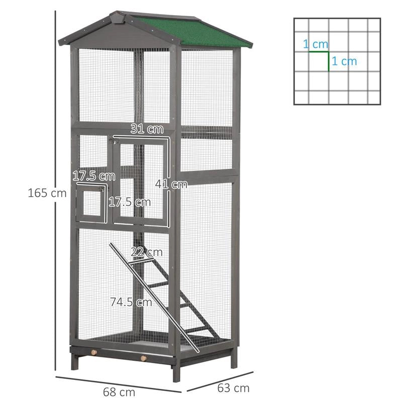 GABBIA PER UCCELLI ALTA 165CM IN LEGNO DA ESTERNO CON 2 PORTE E VASSOIO ESTRAIBILE 68X63X165 CM GRIGIO CHIARO