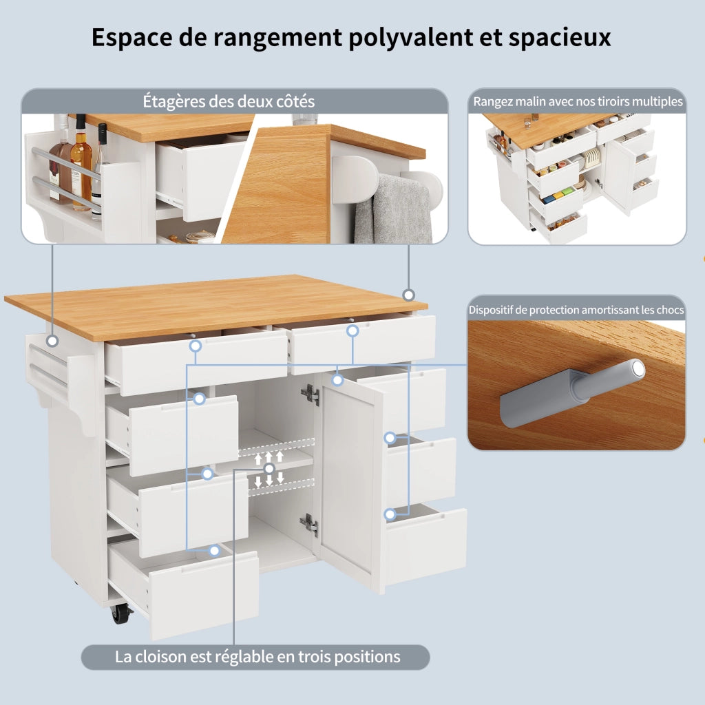 Carrello da cucina con 8 cassetti; armadietto; piano ribaltabile e ruote; MDF; 122 x 46 x 91;5 cm; bianco