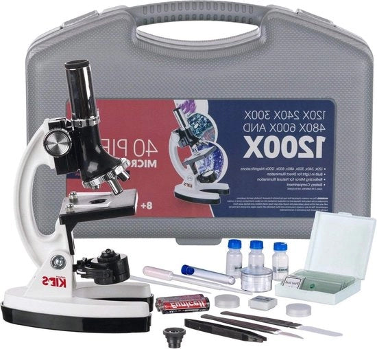 Kit Microscopio Educativo per Bambini con 48 pezzi, Armatura Metallica e Base - Bianco 

Specifiche tecniche:
- Zoom: 120X-240X-300X-480X-600X-1200X