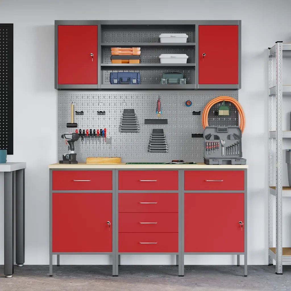 Mobile da lavoro 7 pcs Rosso Legno ingegnerizzato e acciaio 3321443