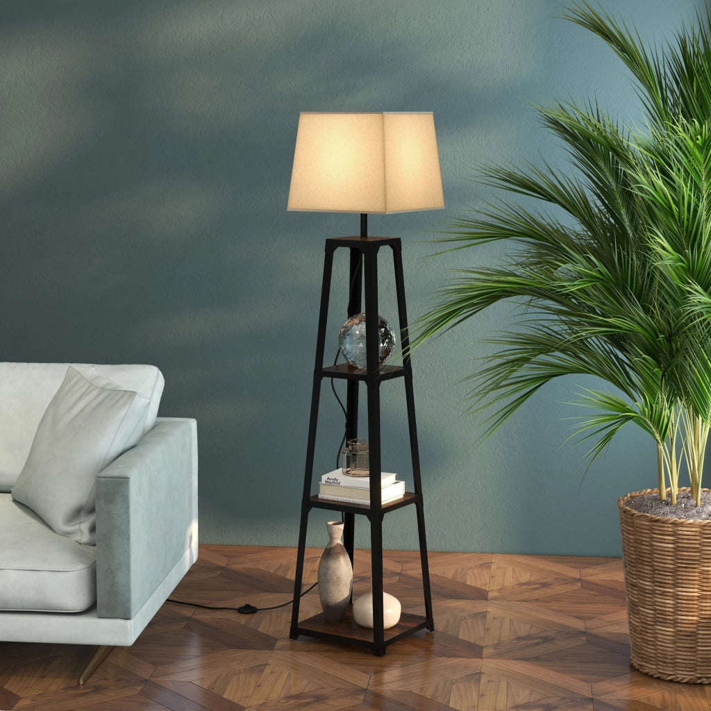 Lampada da Terra a 3 Ripiani ¨C zephmum ¨C Nero e Beige, Metallo e MDF, ?42x166 cm
