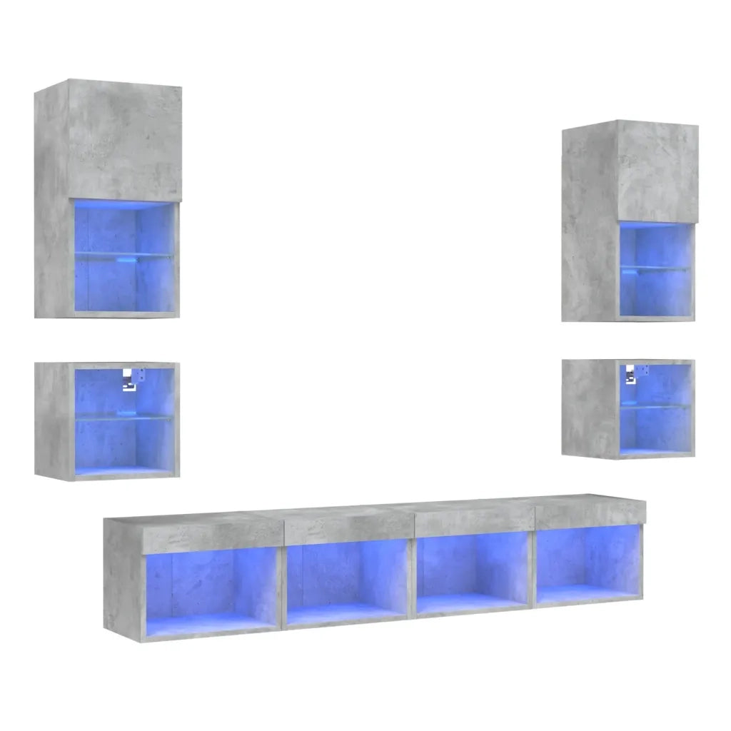 Mobili TV a Muro con LED 8pz Grigio Cemento Legno Multistrato