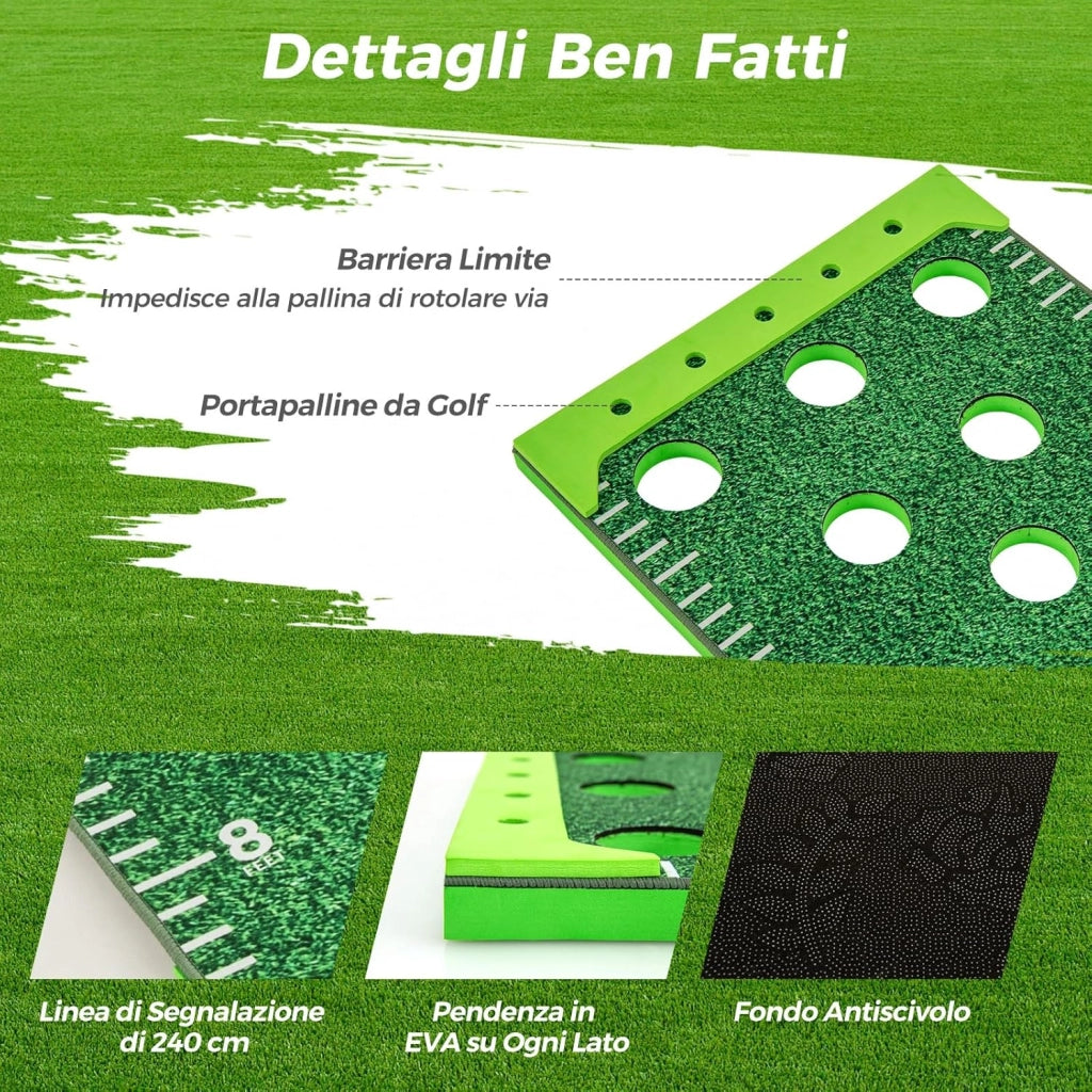 Putting Green, Set Gioco Golf Pong con 2 Putter Regolabili, 6 Palline e 12 Copri Buchi, Tappetino da Golf per Fester, Giardino e Casa, 332 cm x 50 cm