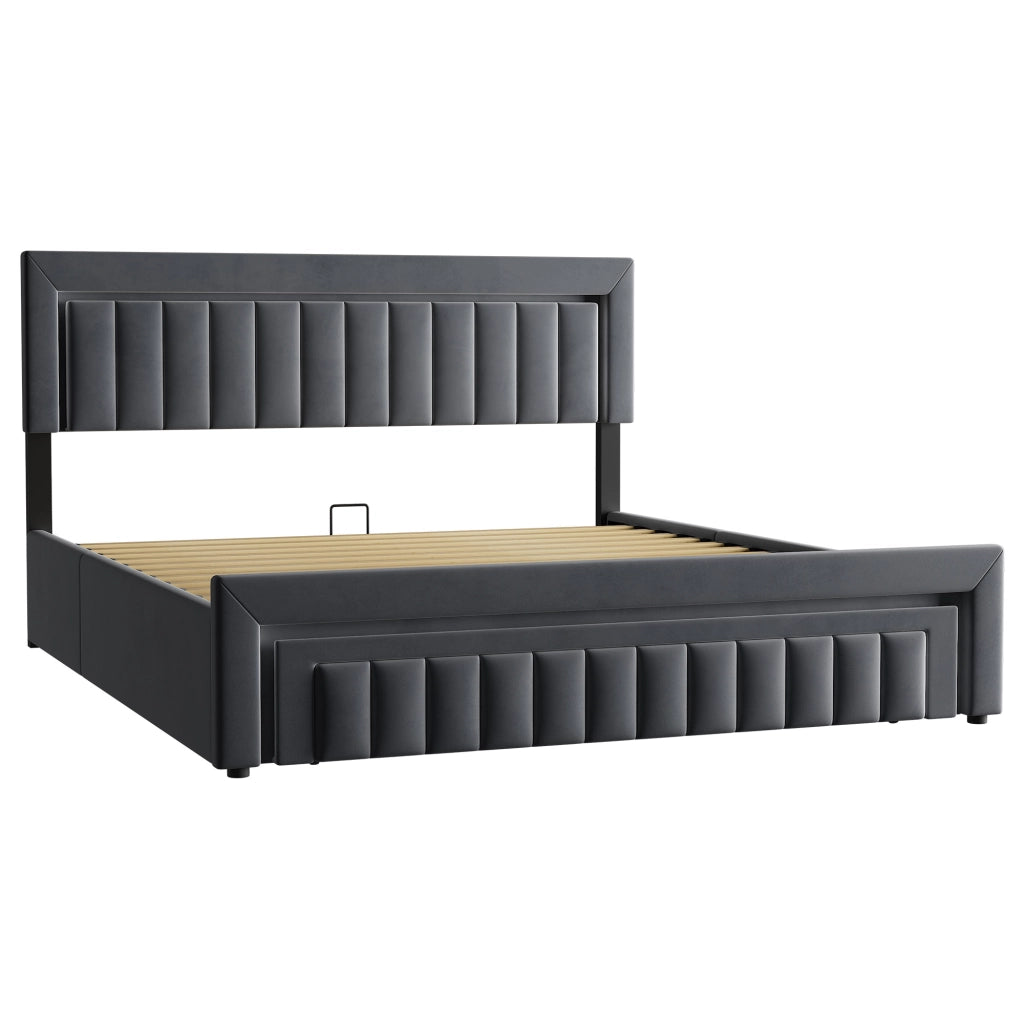 LETTO Imbottito 180x200 cm in Velluto Grigio Scuro con LED e Cassetti