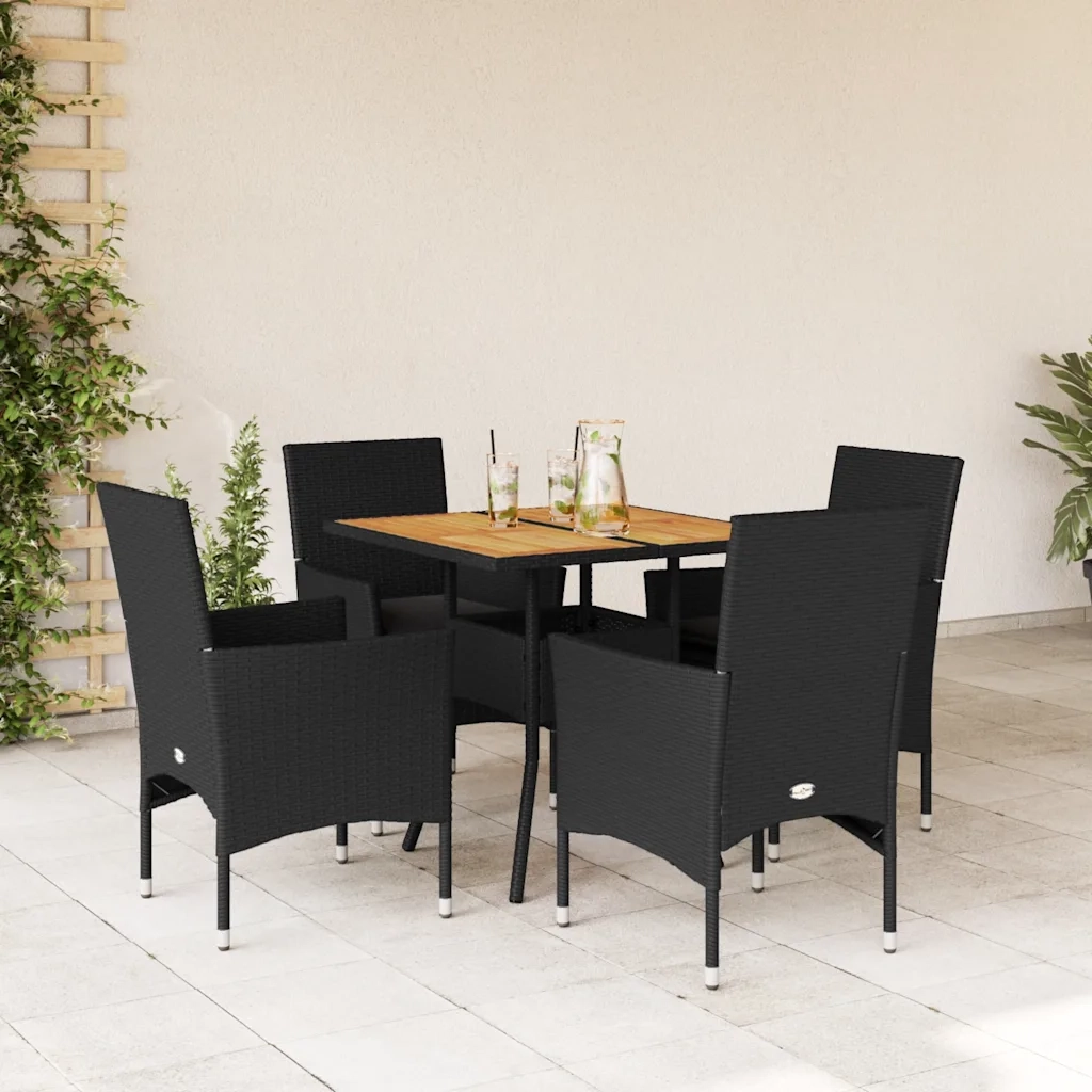 Set Pranzo da Giardino 5 pz | Set Salotto da Giardino con Cuscini Nero Polyrattan Acacia