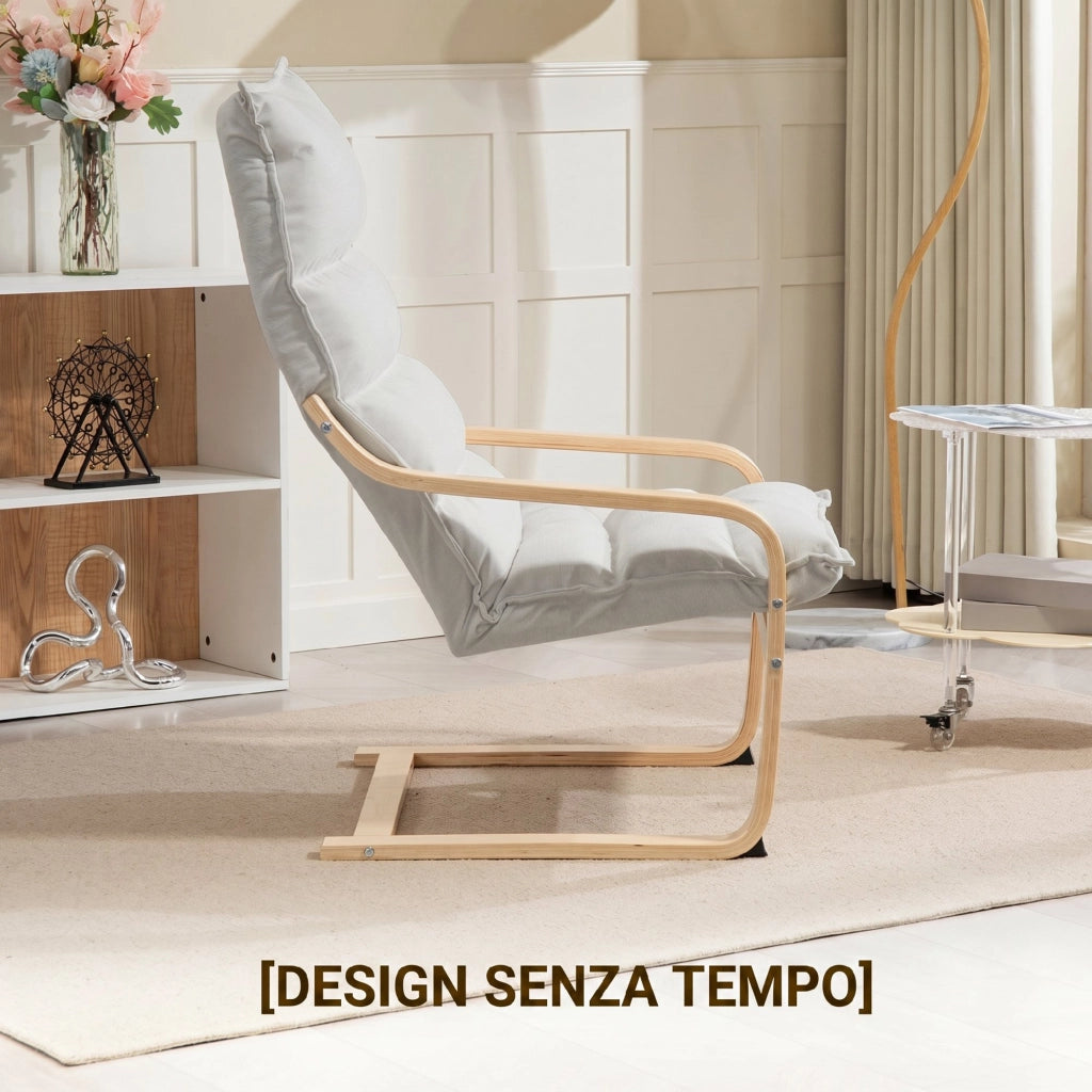 Poltrona a Dondolo Moderna 67x83x105 cm con Braccioli in Legno e Cuscini Spessi in Velluto Crema