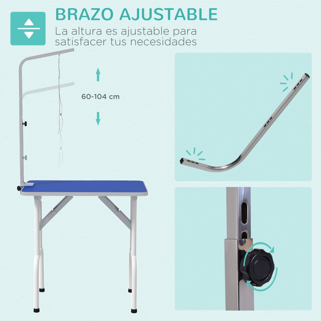 Tavolo da Toelettatura per Cani Pieghevole con Piano Antiscivolo e Braccio Regolabile ¨C Xylo ¨C 81x48,5x80 cm Blu
