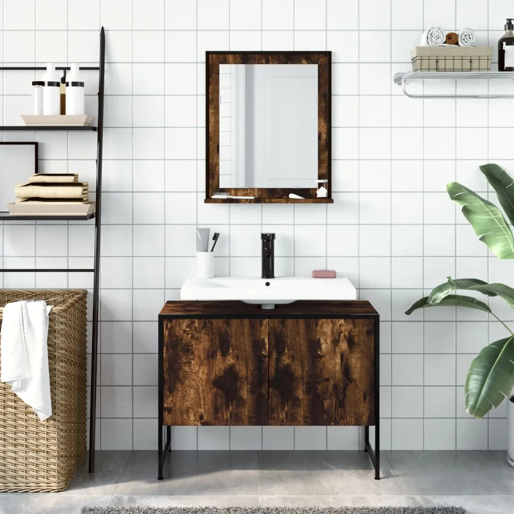 Set Mobili da Bagno | Armadio da bagno 2 pz Rovere Fumo in Legno Multistrato
