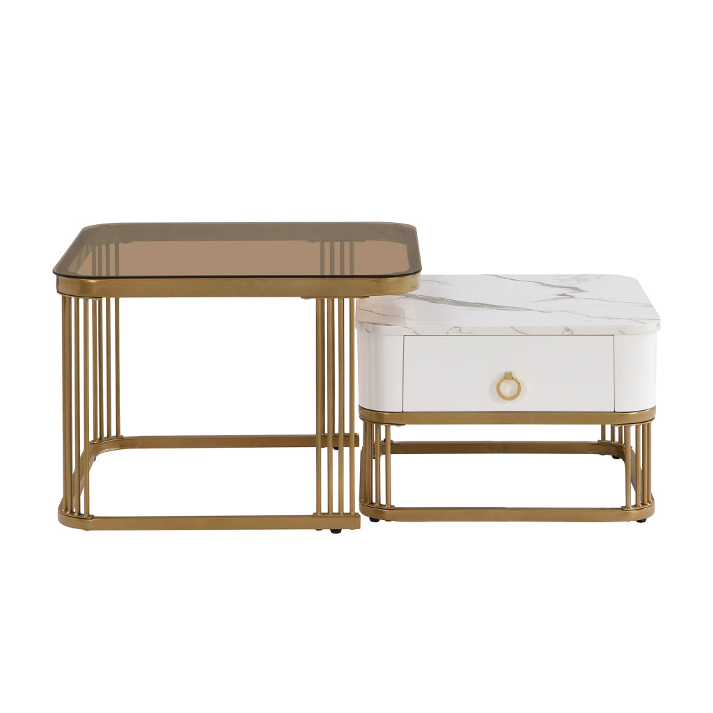 OKWISH Tavolini da Salotto Impilabili Quadrati con 1 Cassetto, Piano Effetto Marmo Lucido e Vetro, MDF, Bianco 60×60×42.5 cm